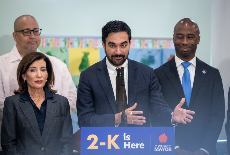 unding for New York City's inaugural 2-K program remains uncertain, despite Mayor Zohran Mamdani and Gov. Kathy Hochul celebrating that more than 2,000 children secured spots. | Ed Reed/Mayoral Photography Office.